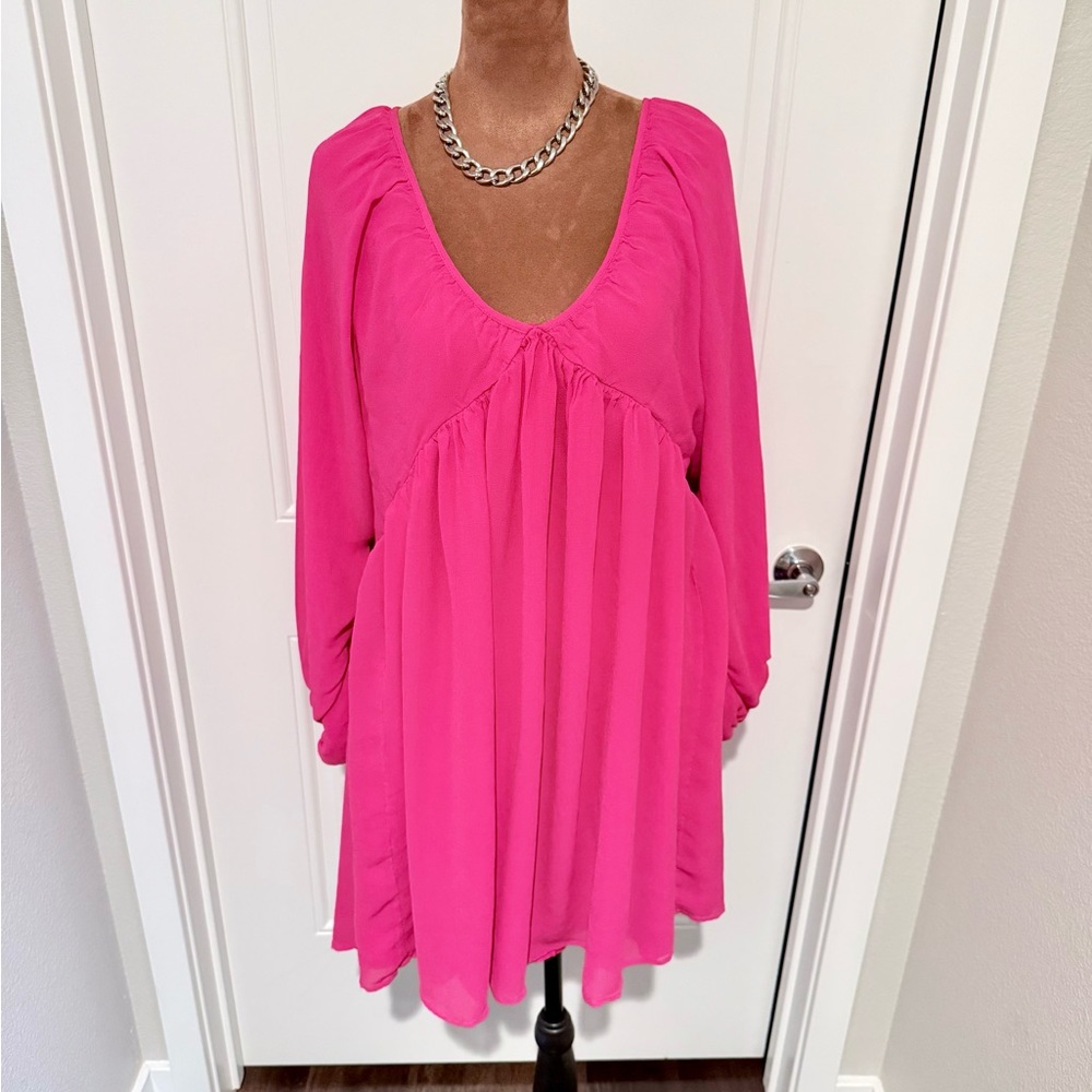 Let Me Be Hot Pink Flowy Babydoll Dress Open Back Boho Mini Dress | size 1X